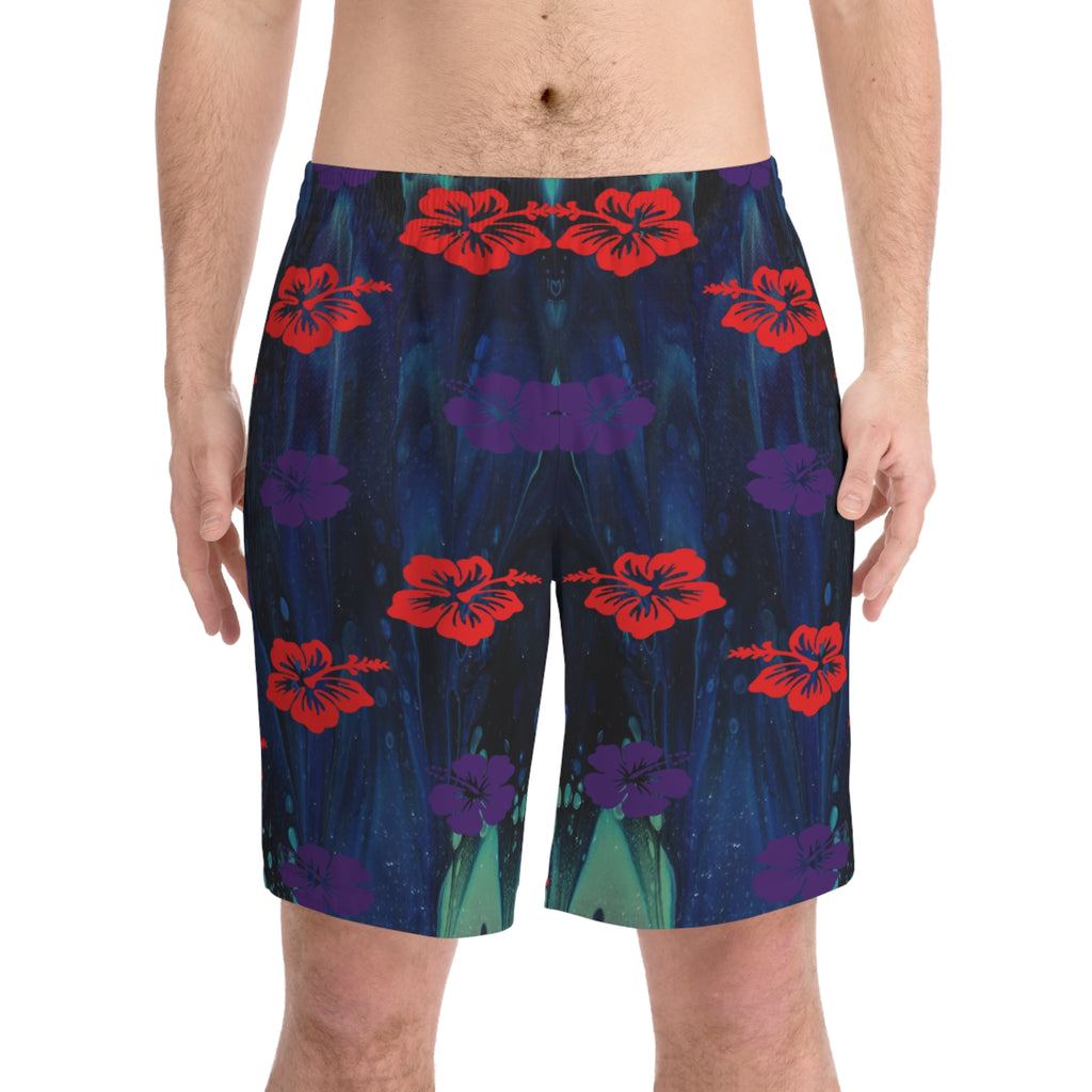 Double Hibiscus Men's Elastic Beach Shorts