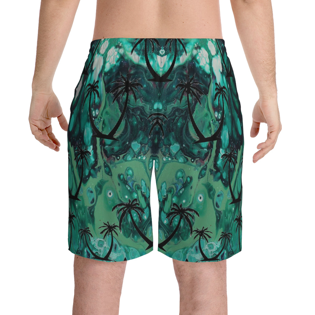 Green Palm Men's Elastic Beach Shorts